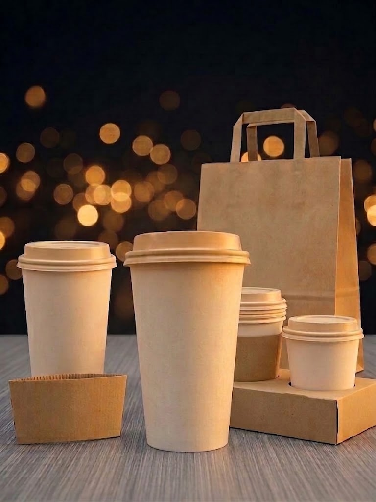Stack of cream-white Subito Company branded cups, lids and sleeves