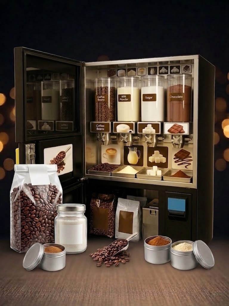 Subito Company branded powdered milk canister, sugar sticks and flavor syrup