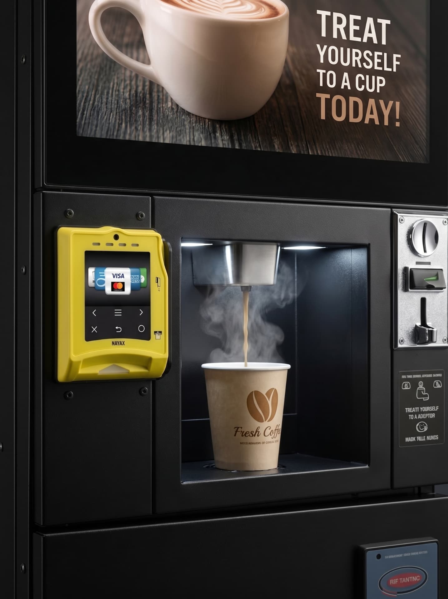 Close-up of the bean-to-cup vending machine dispensing coffee into a cup, with a bright yellow Nayax cashless payment terminal mounted on the side